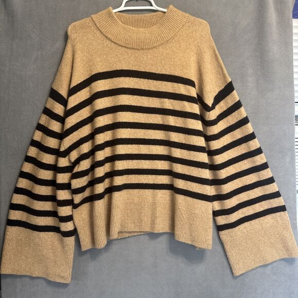 J. Crew Chunky Crewneck Sweater Supersoft Yarn Size XXL Camel Navy Striped Boxy - Picture 1 of 7